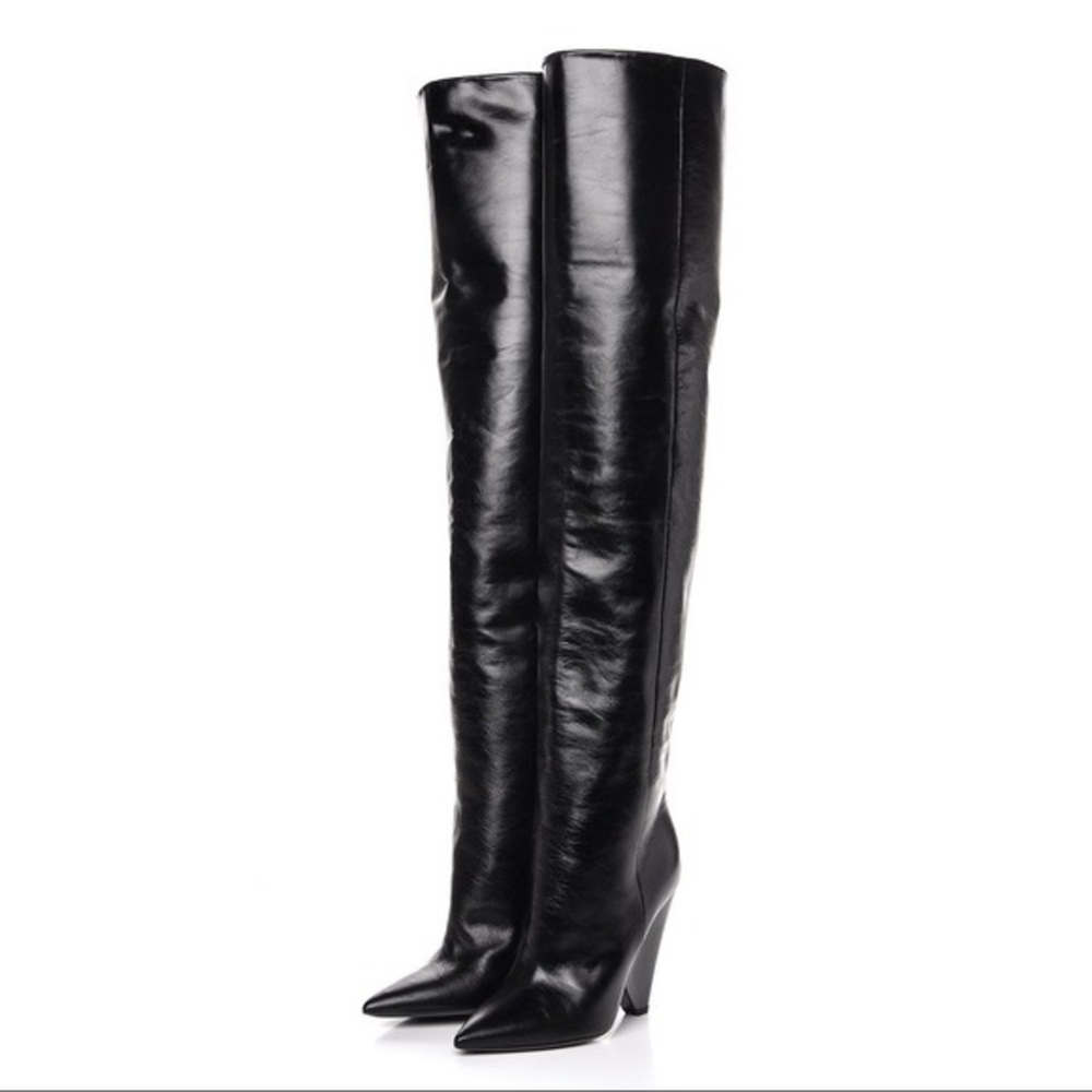 Saint Laurent Niki 105 over-the-knee boots in black shiny leather. 38